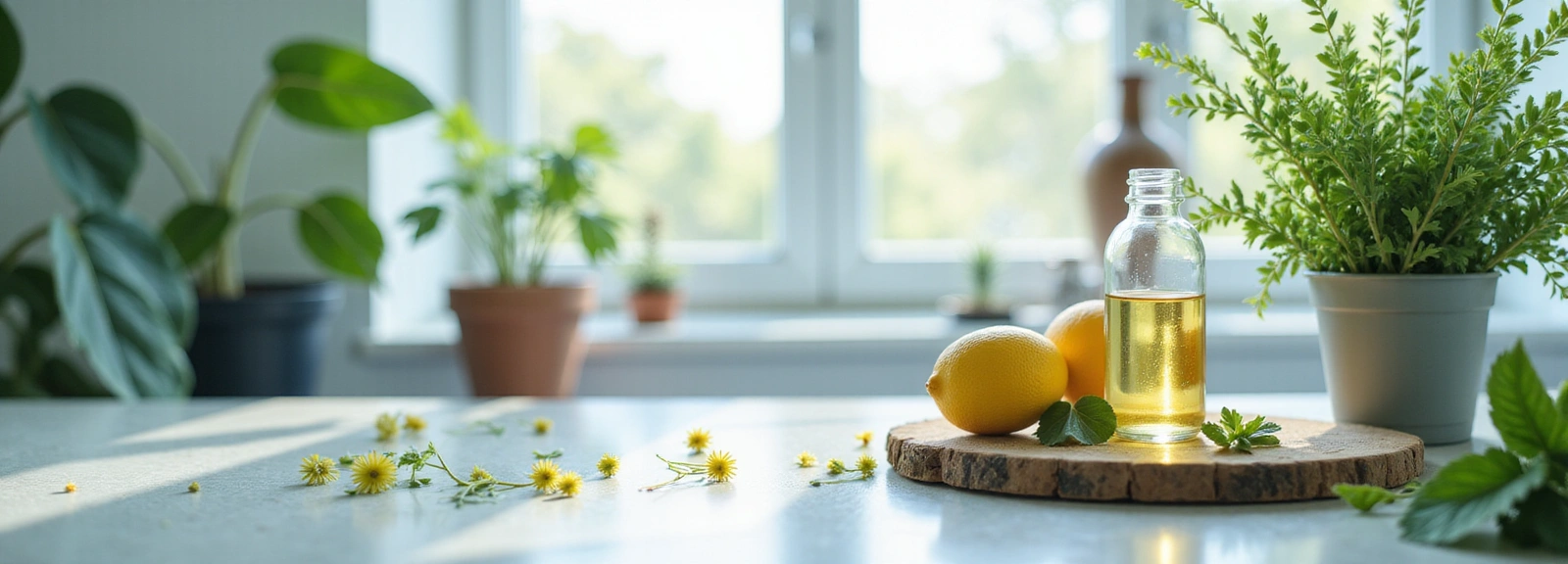 Artistic representation of natural plant extracts and a serene laboratory setting