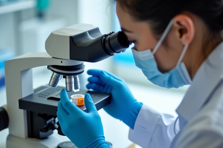 Close-up of a quality control lab technician examining samples