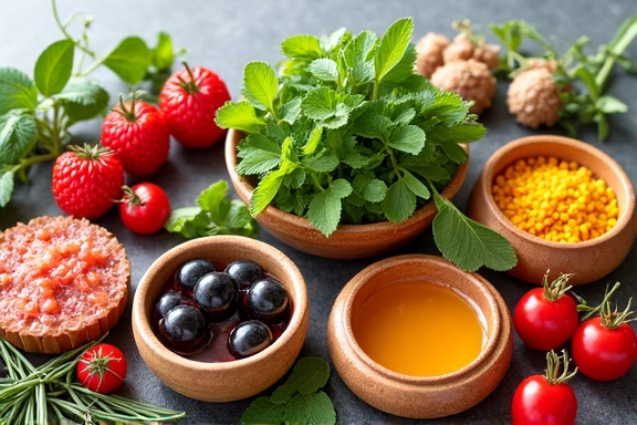 Diverse natural ingredients like herbs and plant extracts, artfully arranged