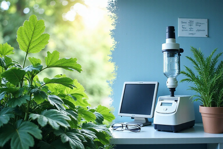 Stylized depiction of nature meeting science, with plants and lab equipment