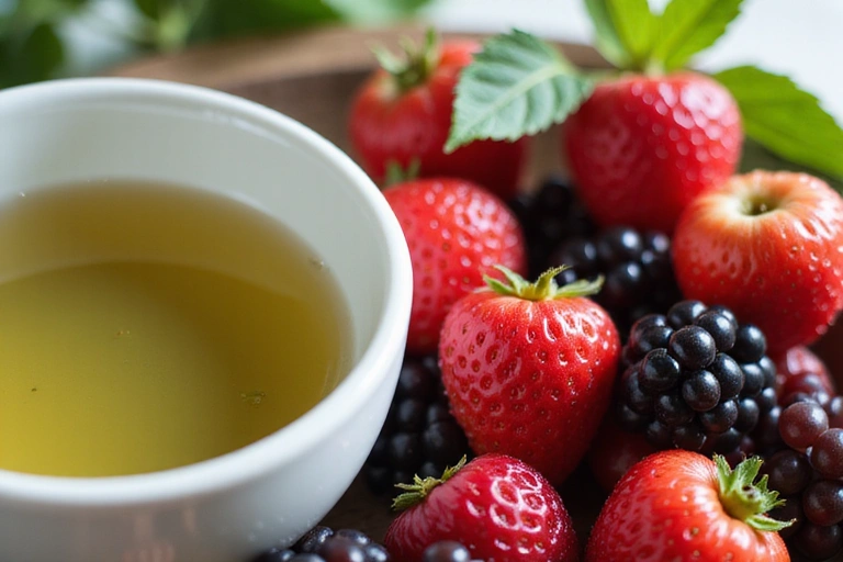 Fresh berries and green tea, symbolizing antioxidants