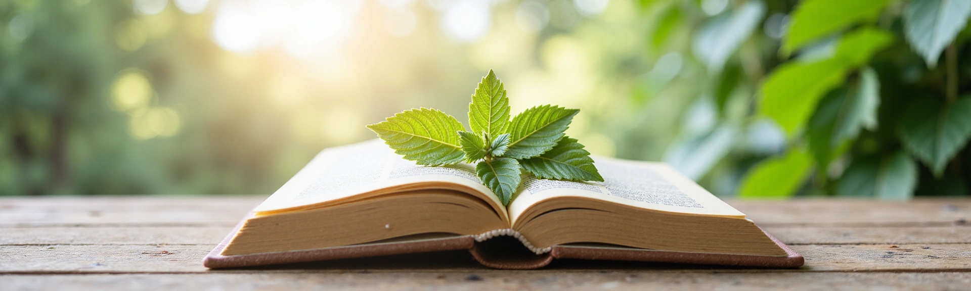 Open book with natural elements, symbolizing knowledge and well-being