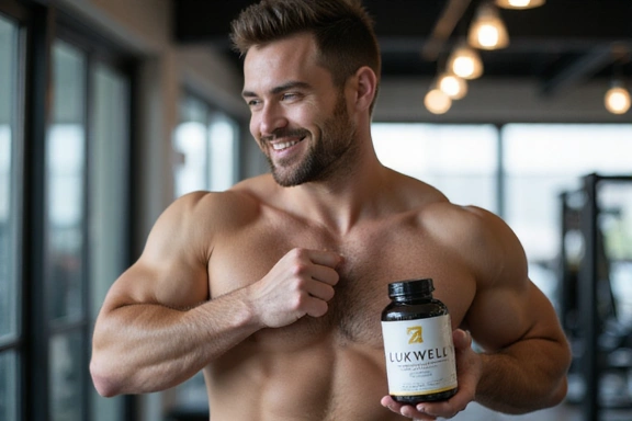 Man in a gym, healthy and strong, taking supplements