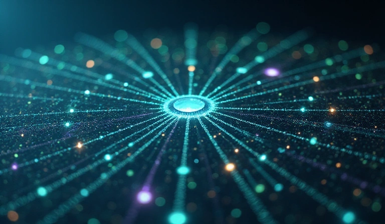 Abstract representation of data flow and security with interconnected nodes