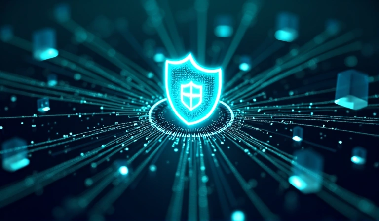 Cybersecurity illustration with a shield icon protecting data and network lines