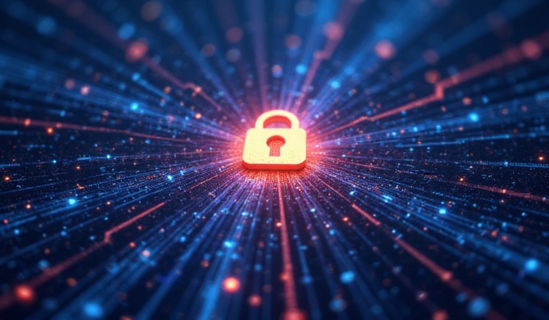 Digital privacy concept with a padlock icon and abstract data streams